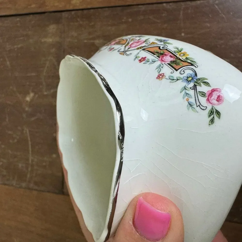 1930s WS George LIDO White Creamer &‎ Sugar Bowl Pink Roses Silver Platinum Trim